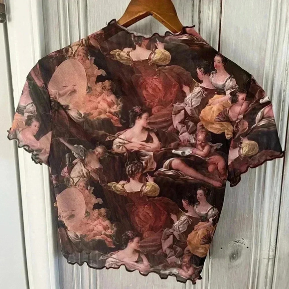 Cropped lettuce edges mock neck sheer top all over angel print. 90s Y2K inspire - Picture 2 of 4